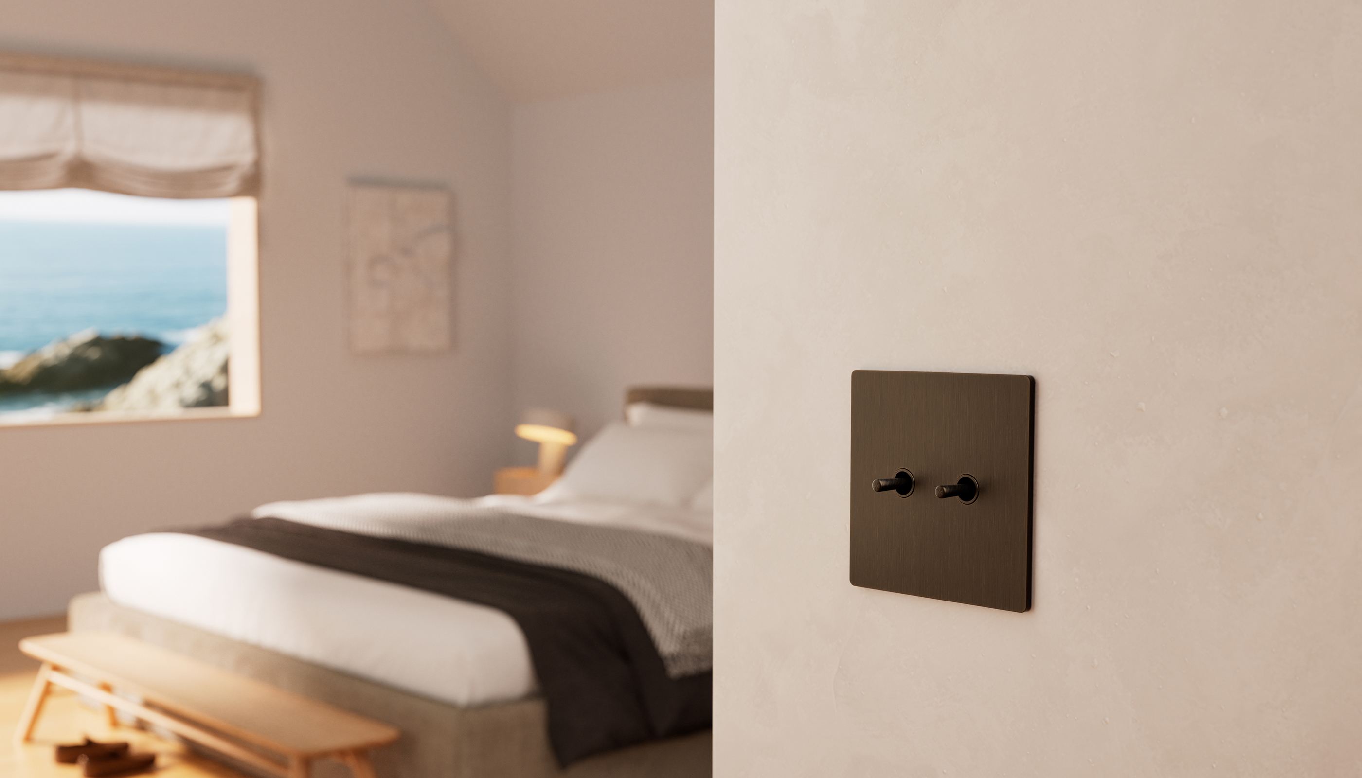 A California residential bedroom with Lutron roman shades and keypads & remotes.