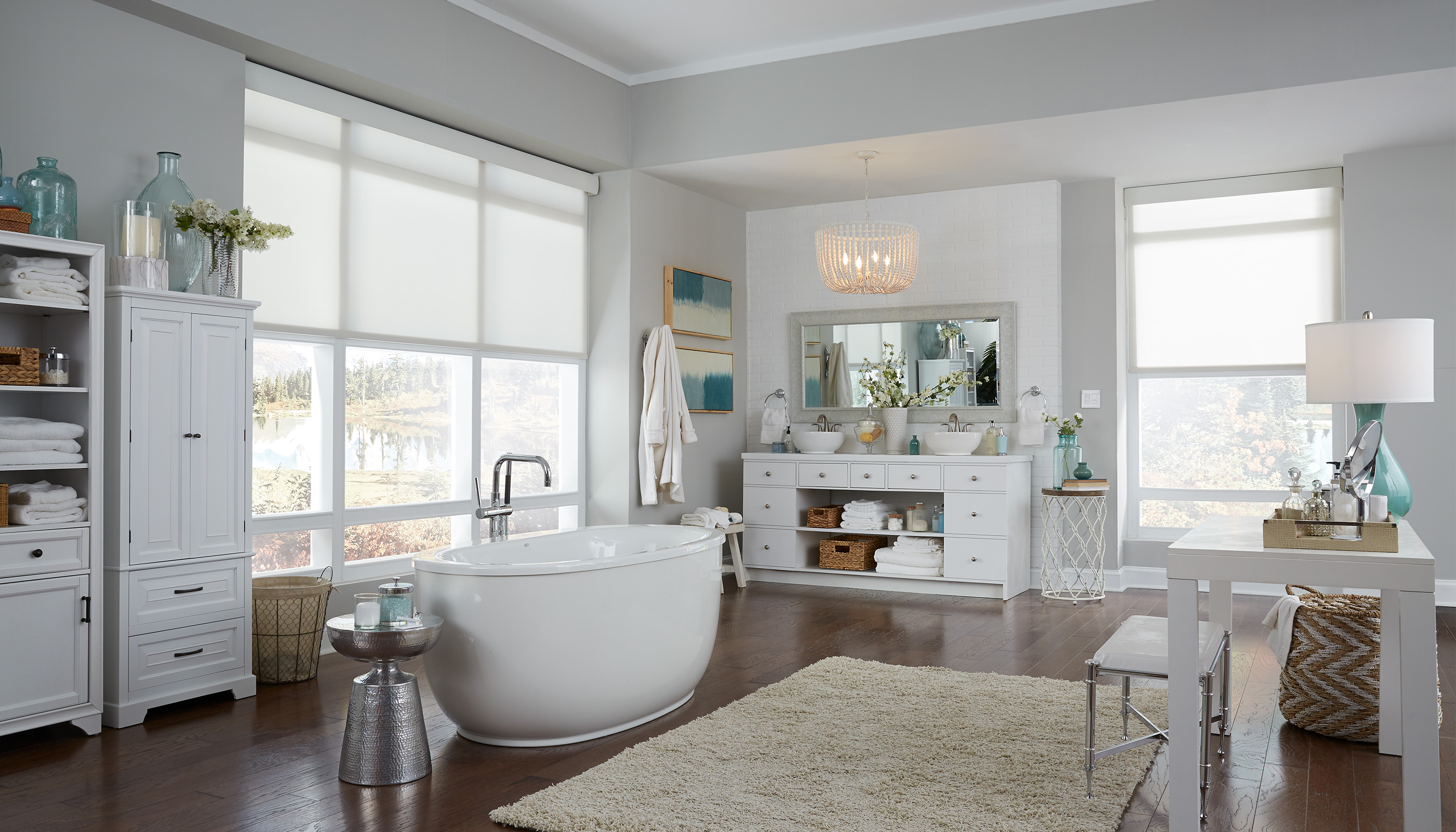 A Northwest private residence bathroom with Lutron Serena & Roller shades