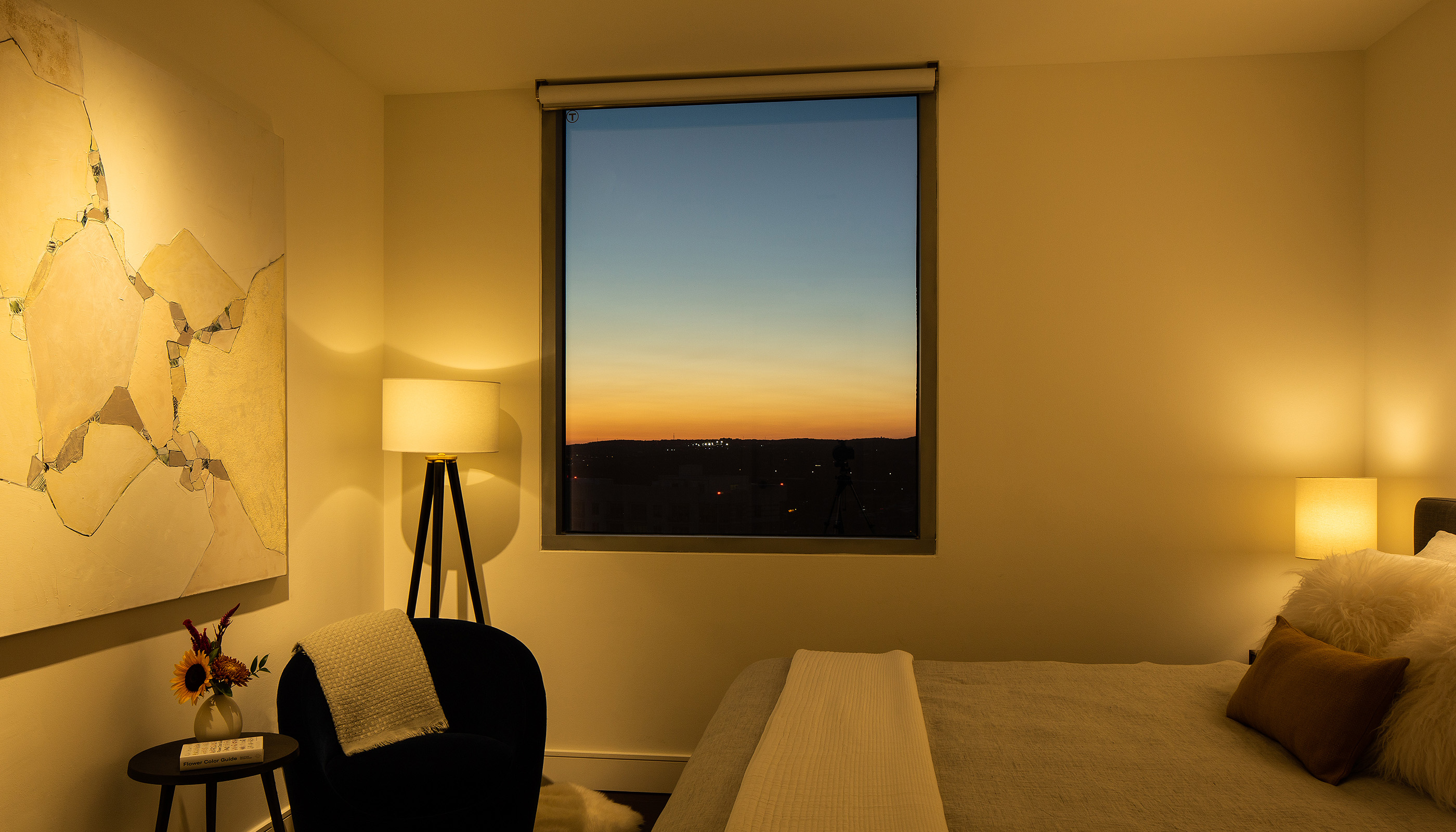 An Austin residential bedroom with Lutron Ketra lights, Palladiom and HomeWorks