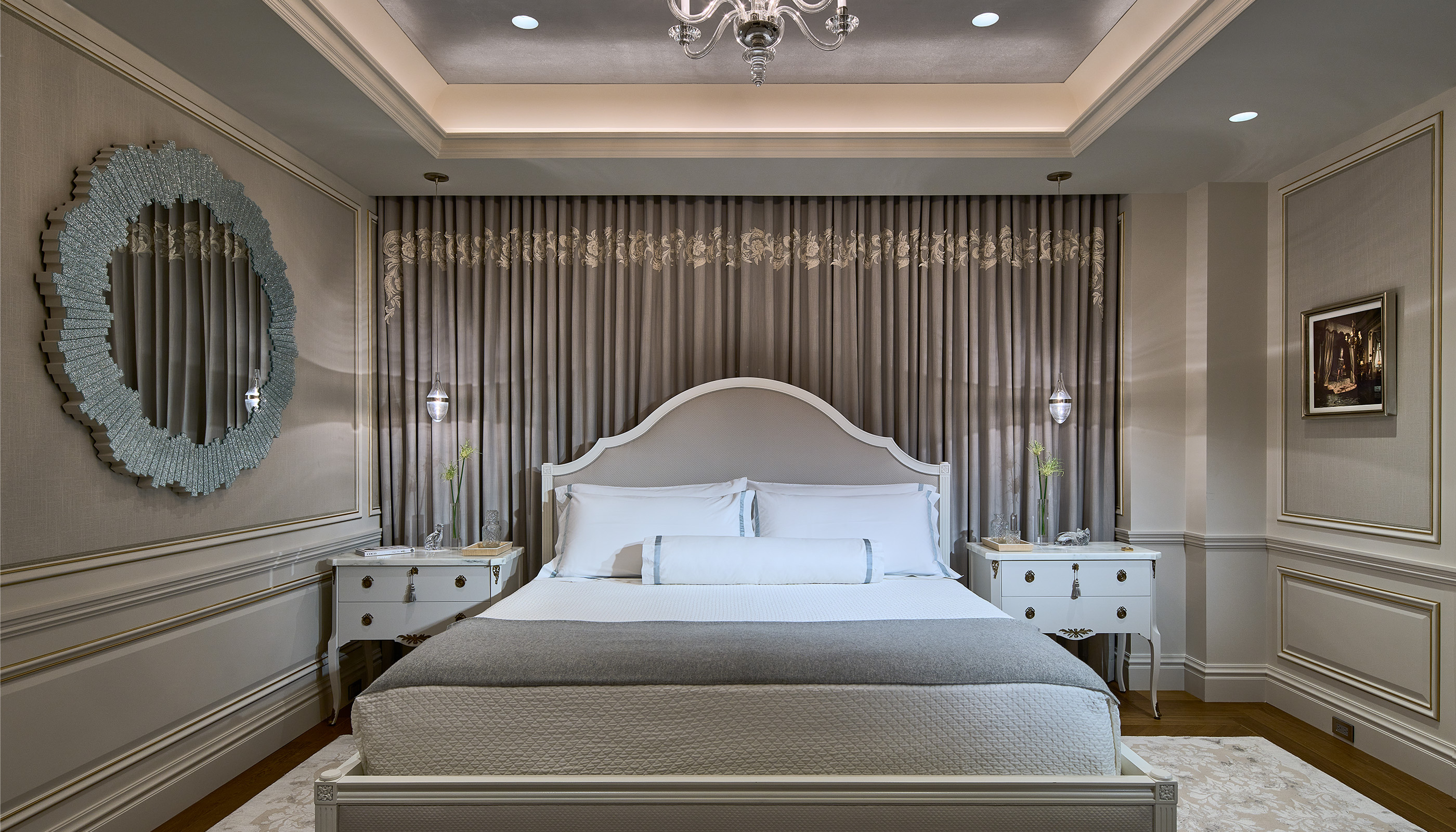 A New York City residential bedroom with Lutron downlights and HomeWorks
