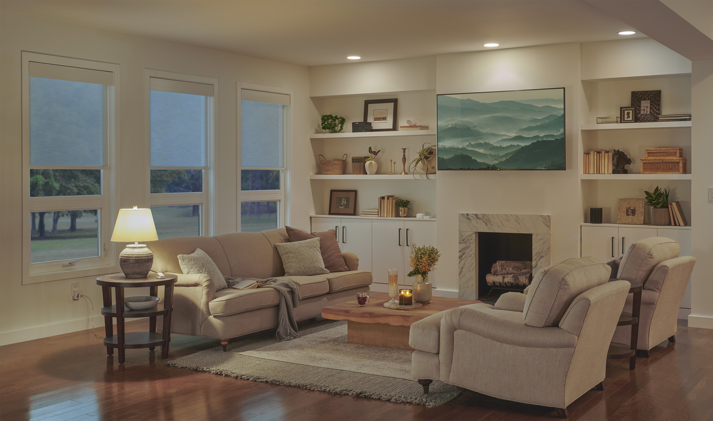 A Northeast private residence living room with Lutron Serena, Honeycomb Shade, Caséta, Pico, and Dimmers & Switches