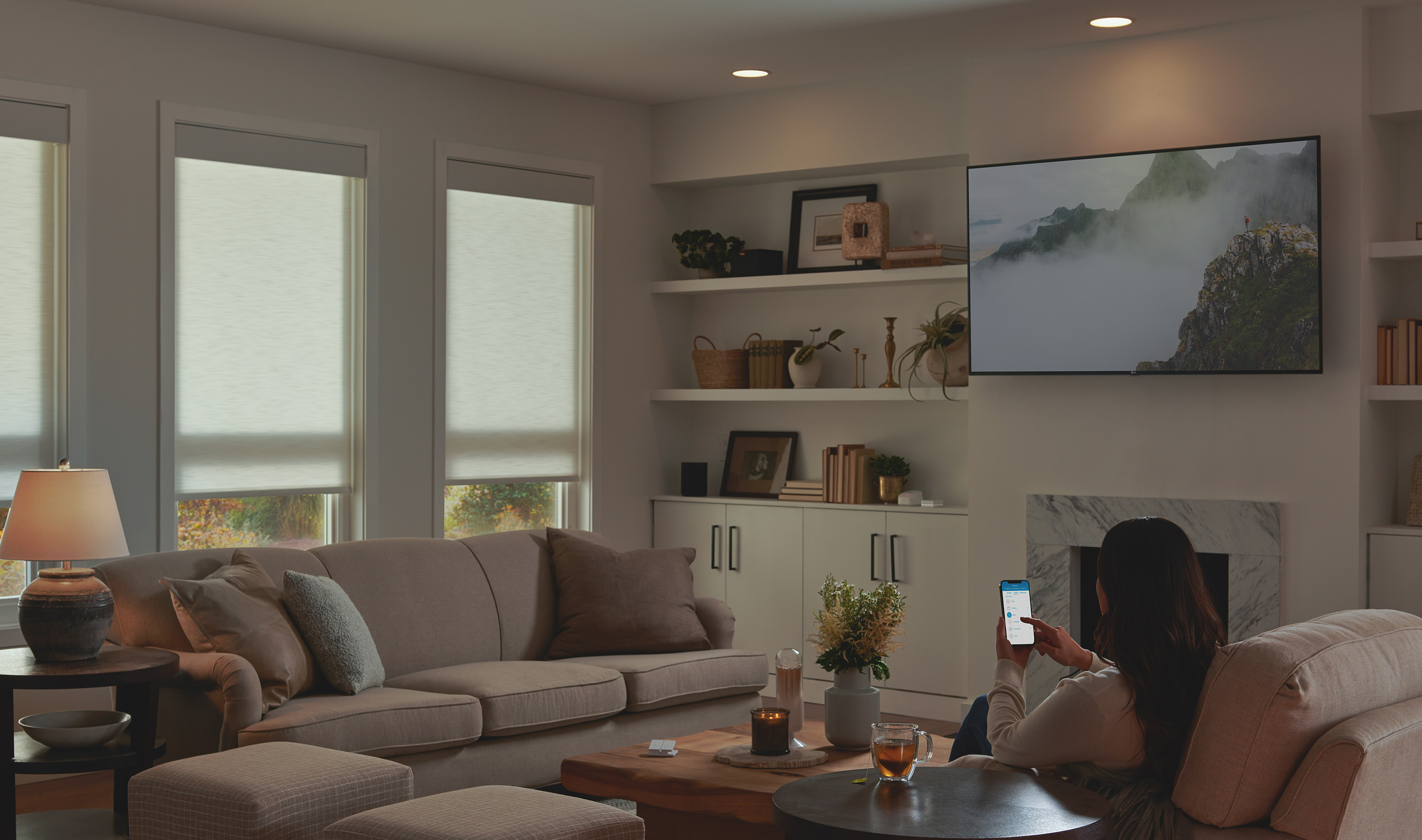 A Southeast private residence livingroom  with Lutron Serena, Roller Shades, Caséta, and Pico.