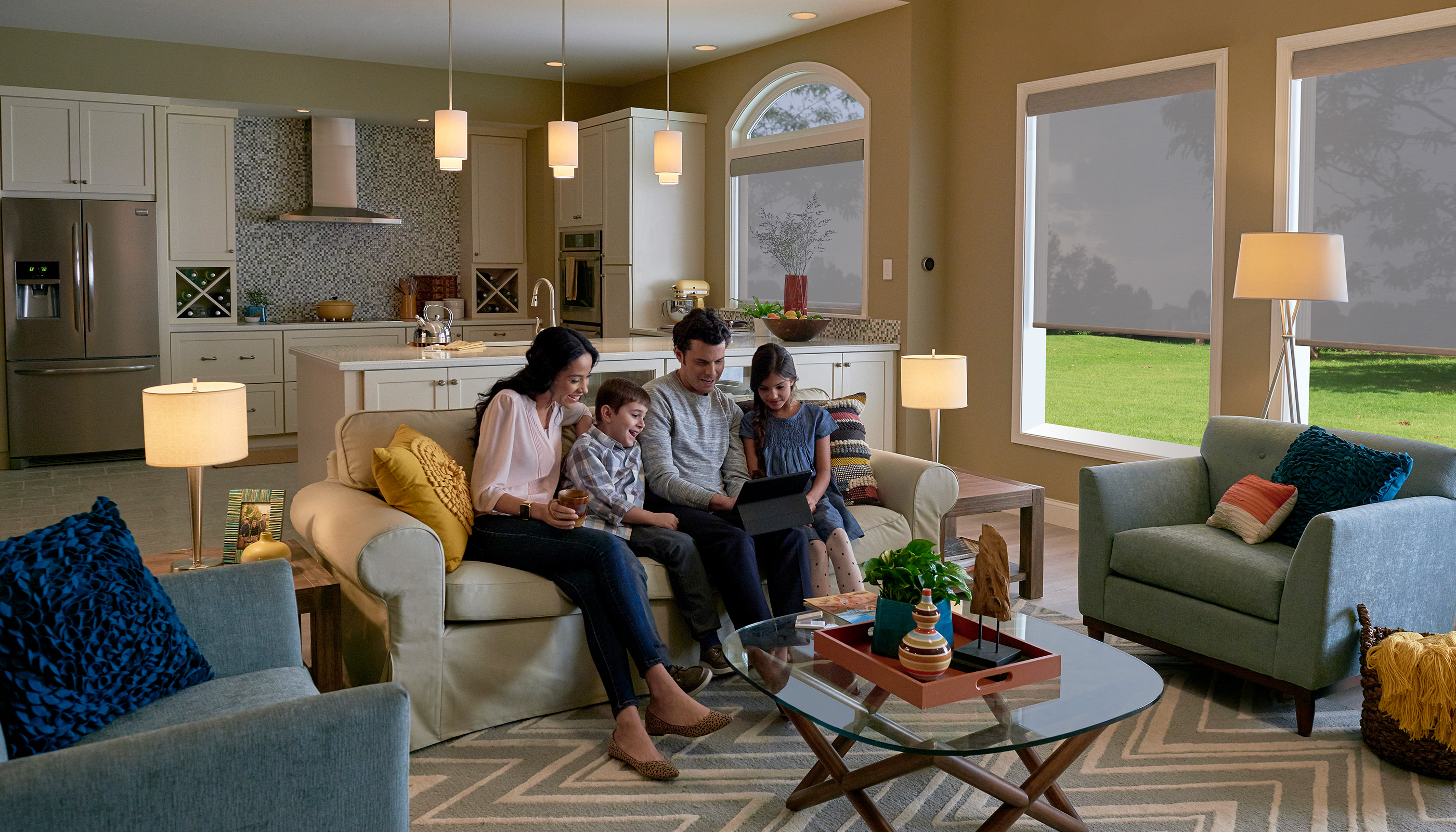 A Southeast private residence living room with Lutron Serena, Roller Shades, Caséta, Dimmers & Switches & Smart Plugs 