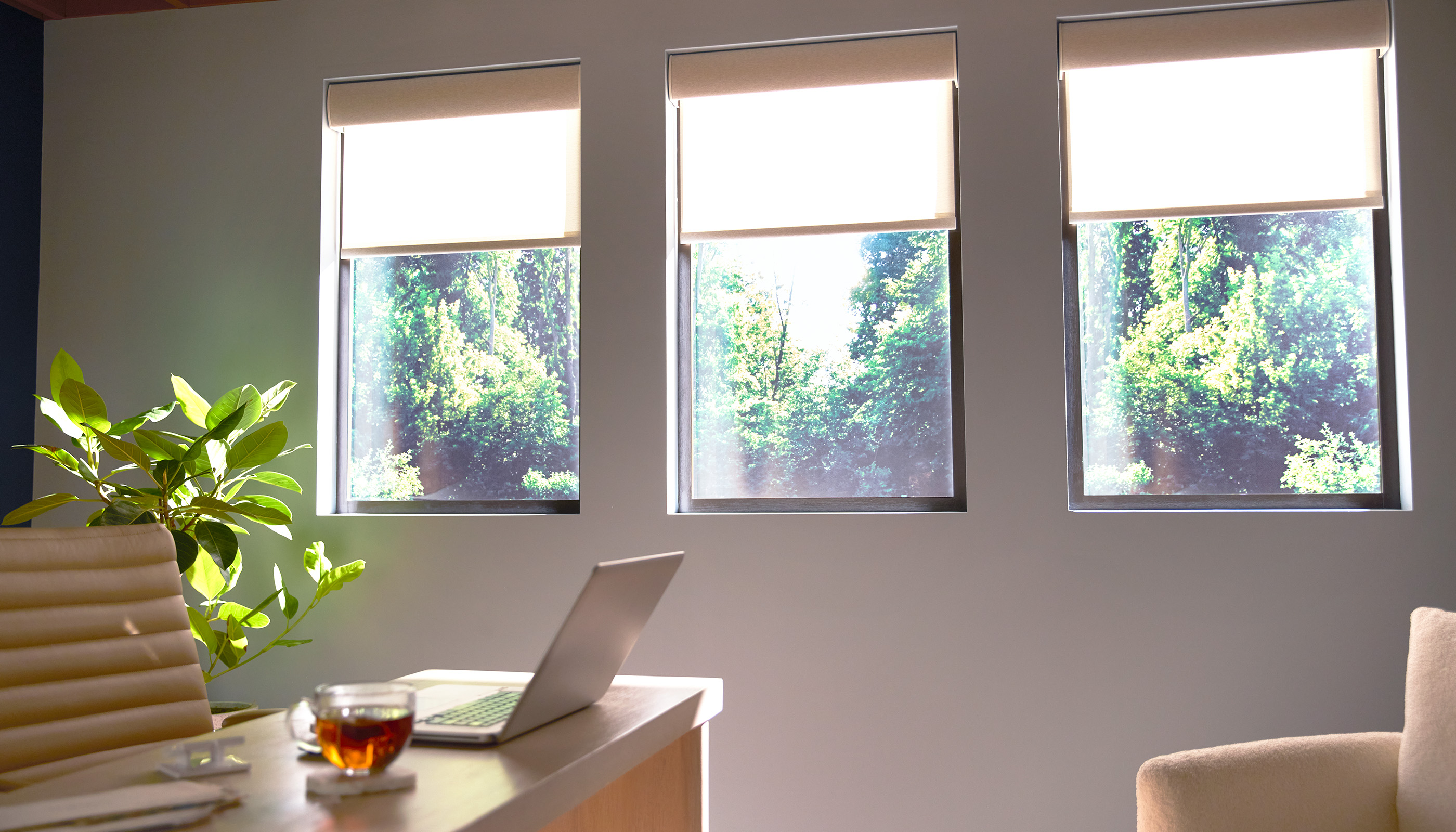 A Northeast private residence homeoffice with Lutron Serena, Roller Shades & Pico