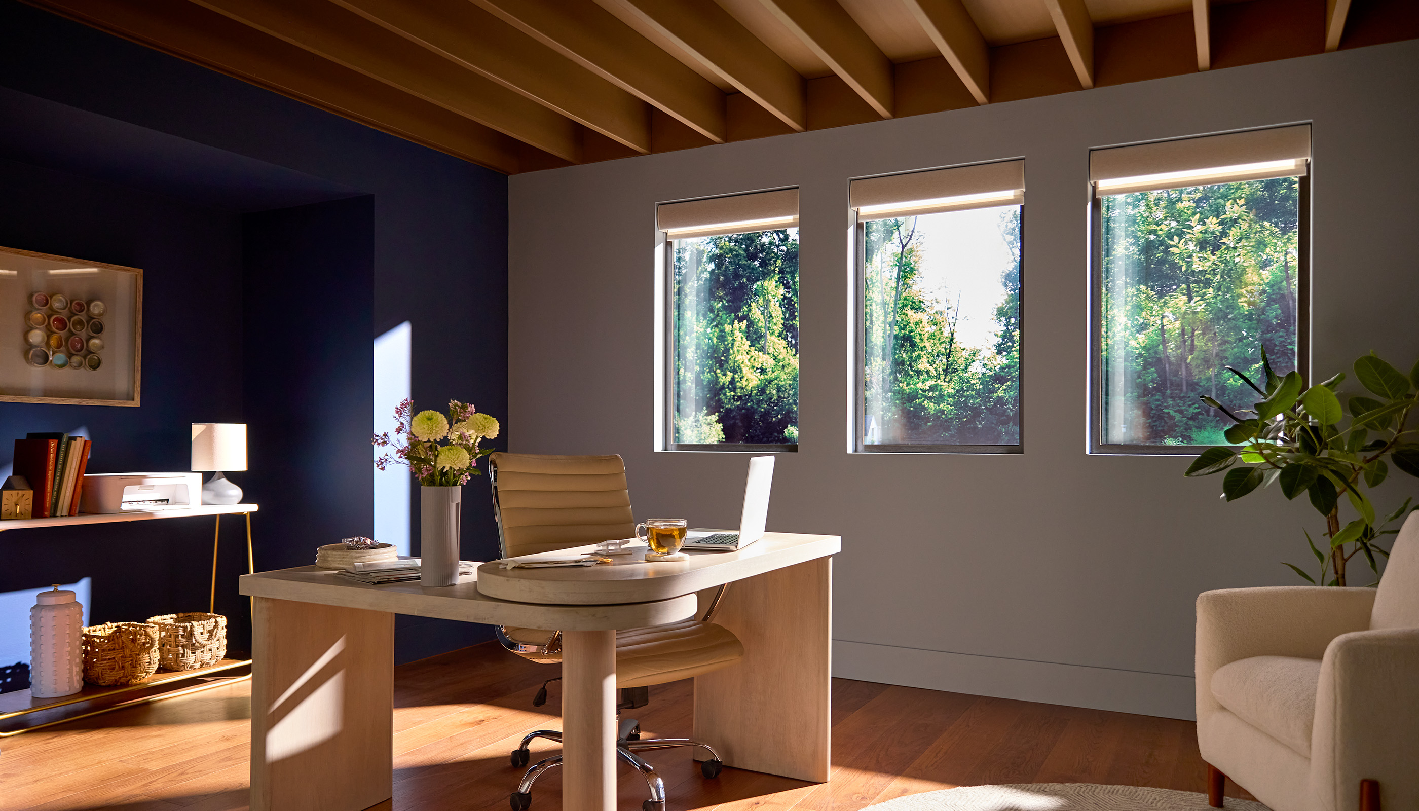 A Northeast private residence homeoffice with Lutron Serena, Roller shades  & Pico