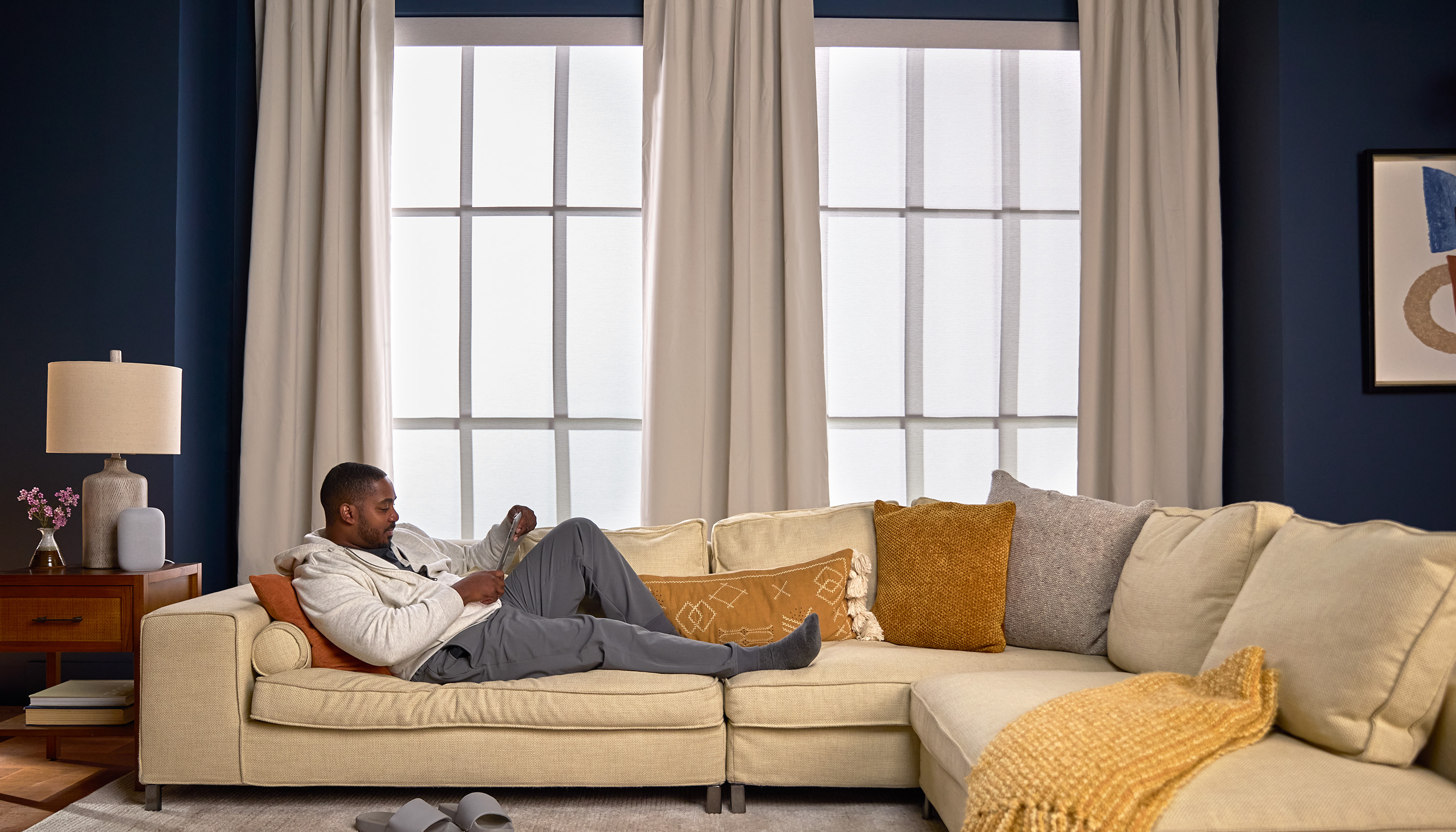 A Northeast private residence living room with Lutron Serena, Roller Shades