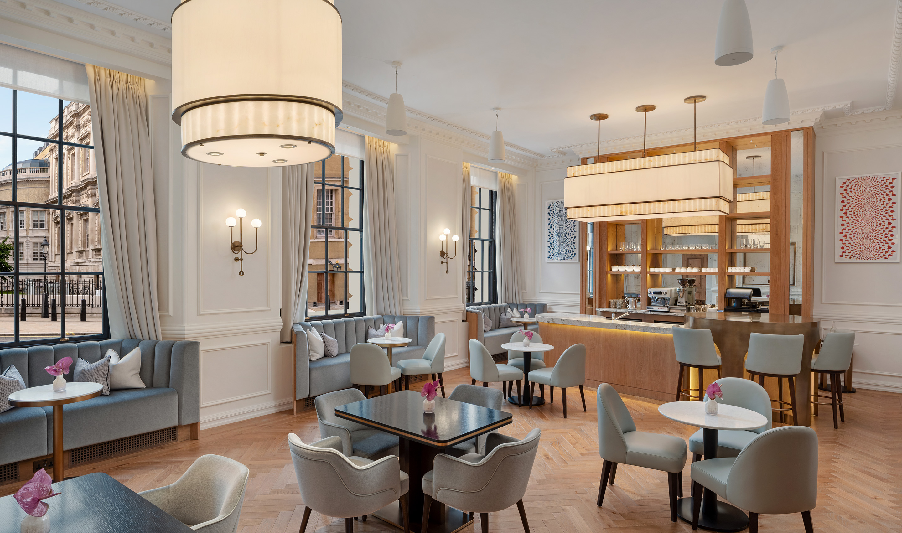 A London hospitality dining & social space with Lutron drapery & Quantum. Photography John Athimaritis