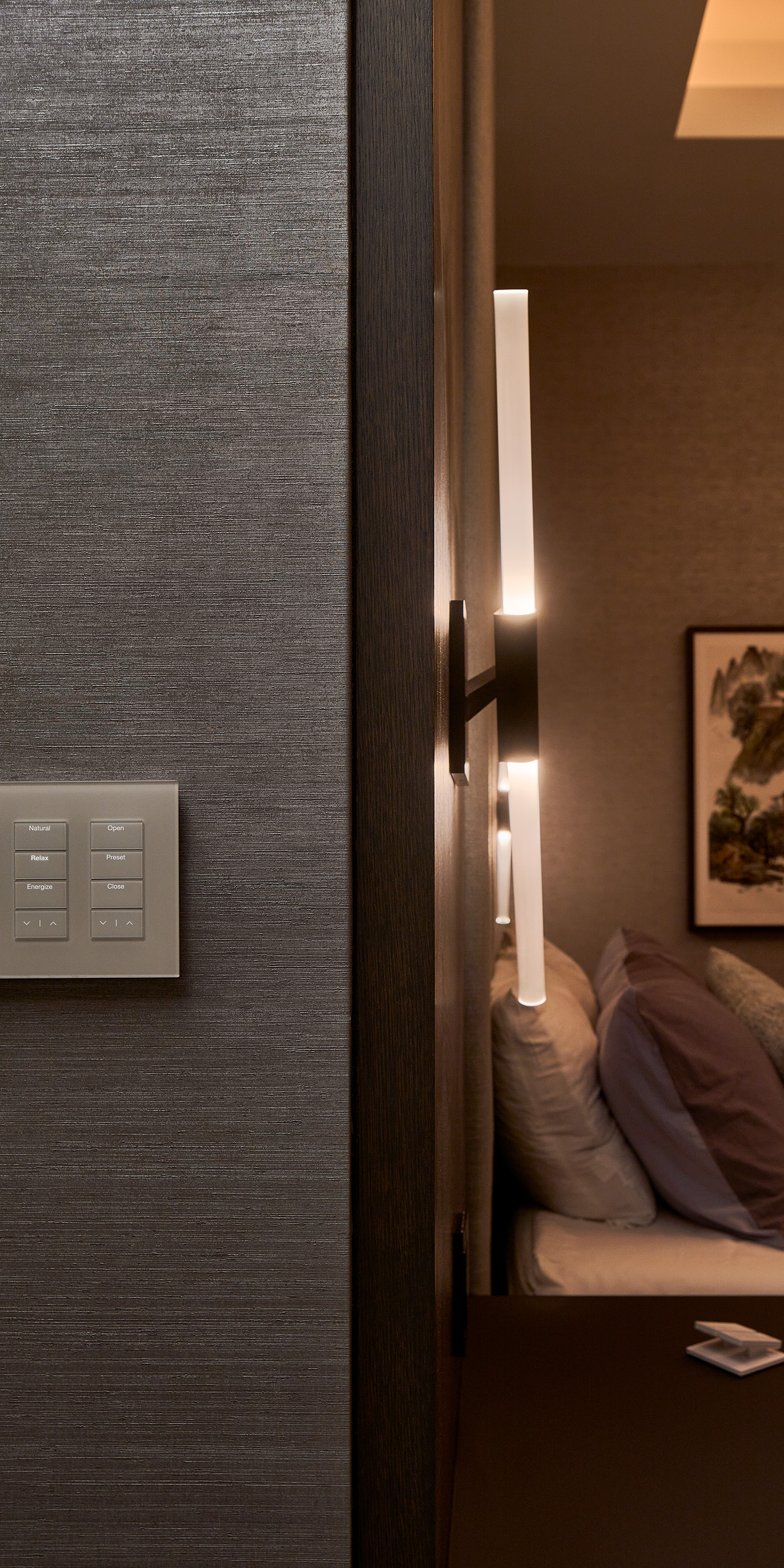 An Austin residential bedroom with Lutron Alisse, Keypads &  HomeWorks