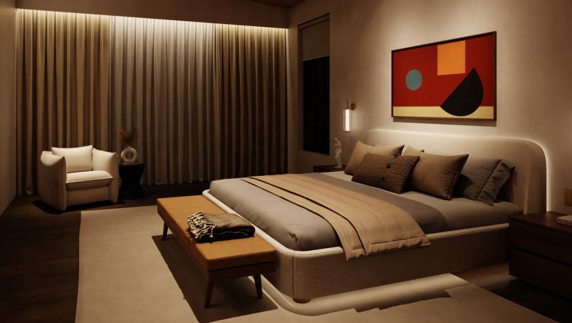 Rania tape lights being used in multiple places in a bedroom.