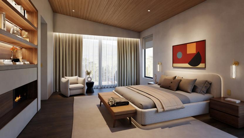 Lutron intelligent window treatments with automated drapery in luxury master bedroom suite