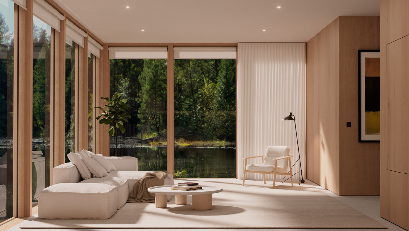 Modern living room with automated shades floor-to-ceiling windows lakefront view
