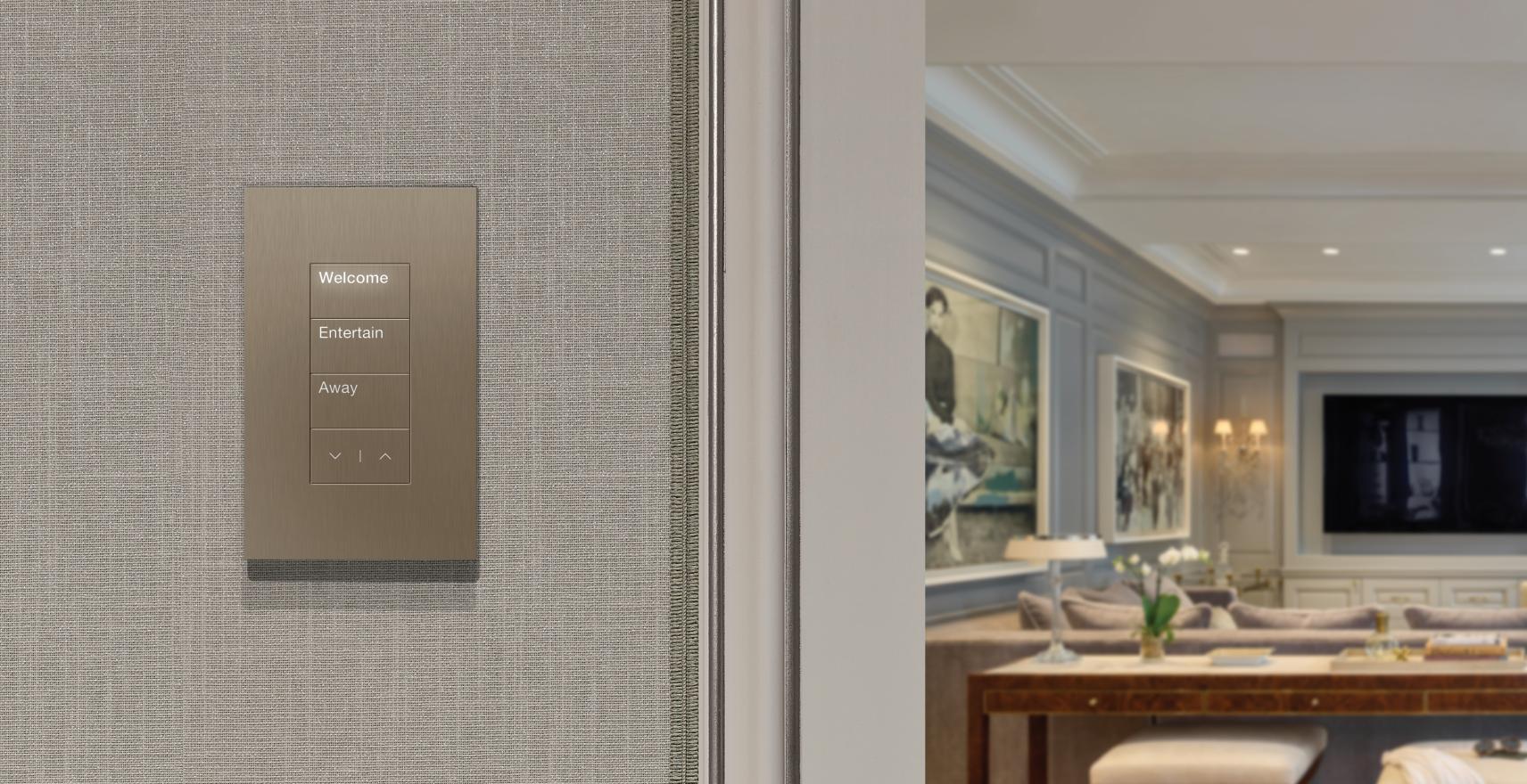Lutron keypad with bronze-colored metal finish.