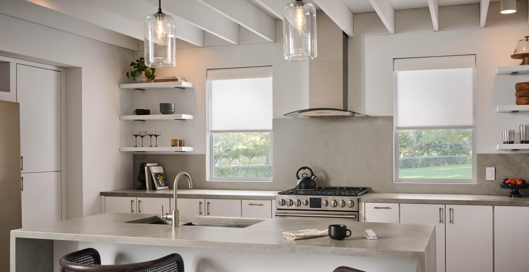 Caseta smart shades being used in a kitchen.