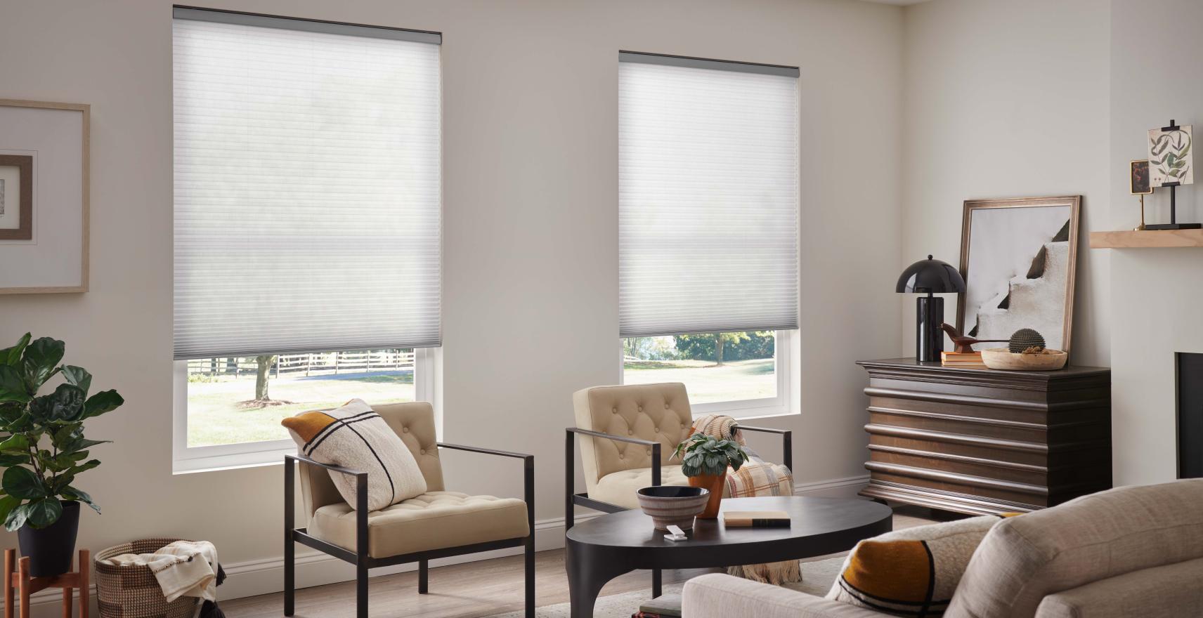 Smart roller shades providing the perfect amount of light and shade in a living room.