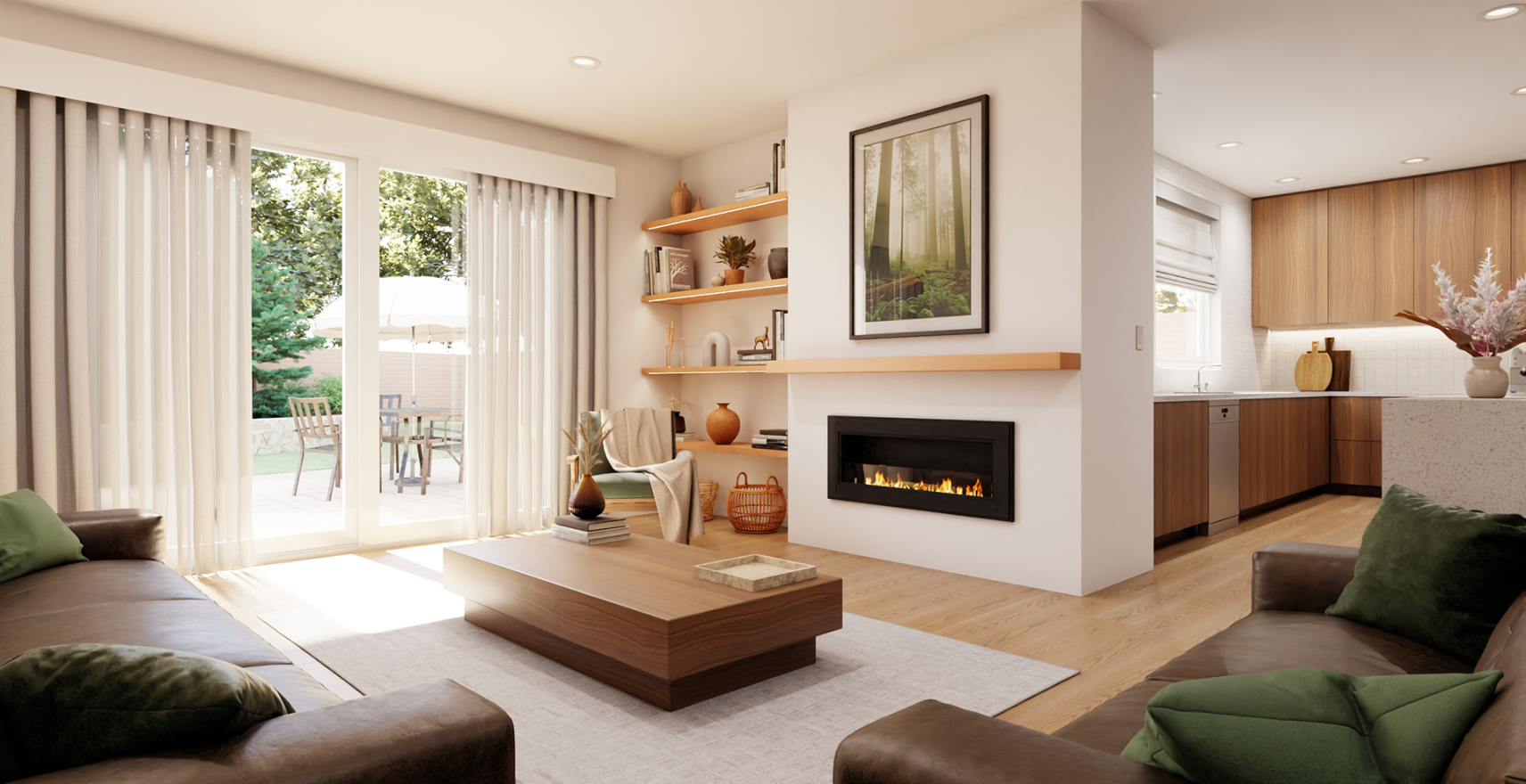 Lutron motorized shades and draperies in modern living room enhancing comfort