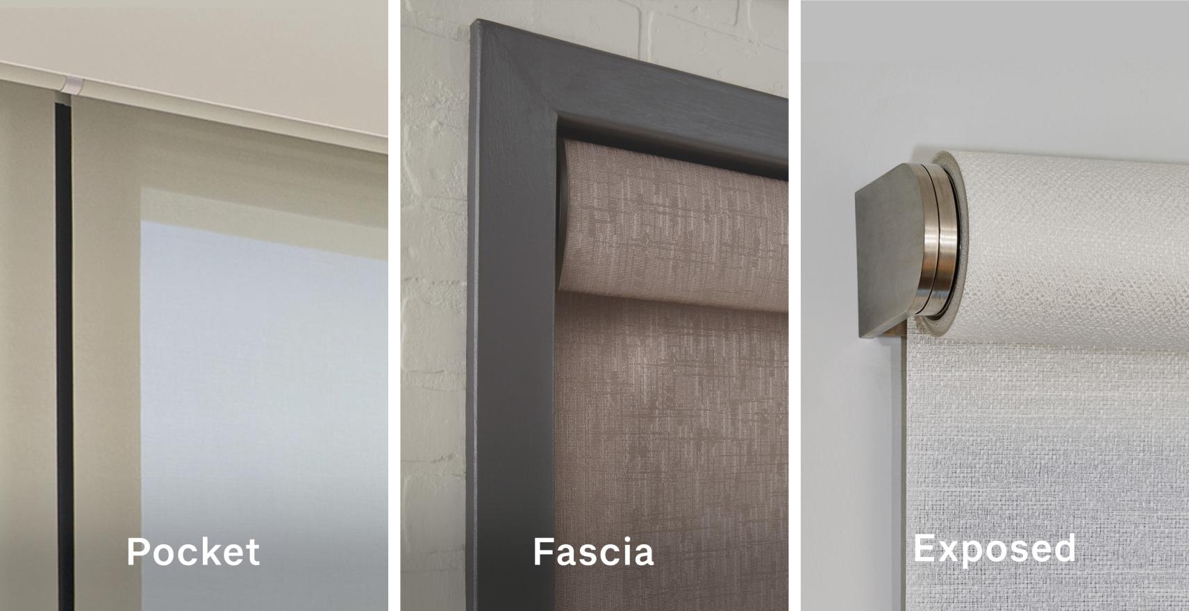 Roller shades with pocket, fascia, and exposed mounting options in three respective images.