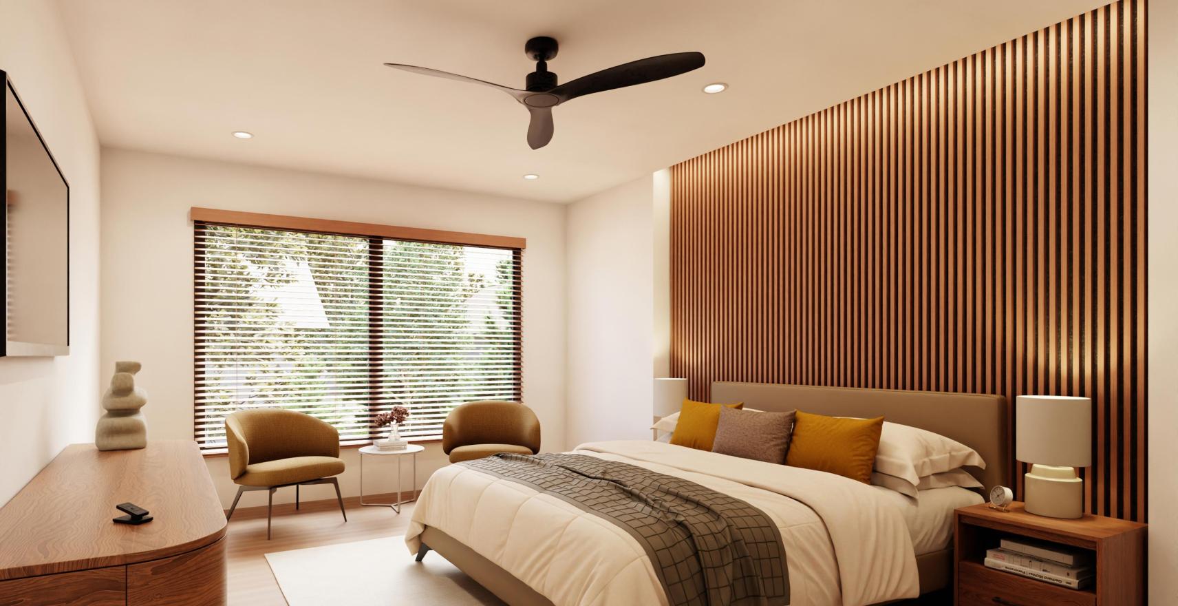 Modern bedroom featuring Caséta fan controls with automated scheduling and smart home pairing