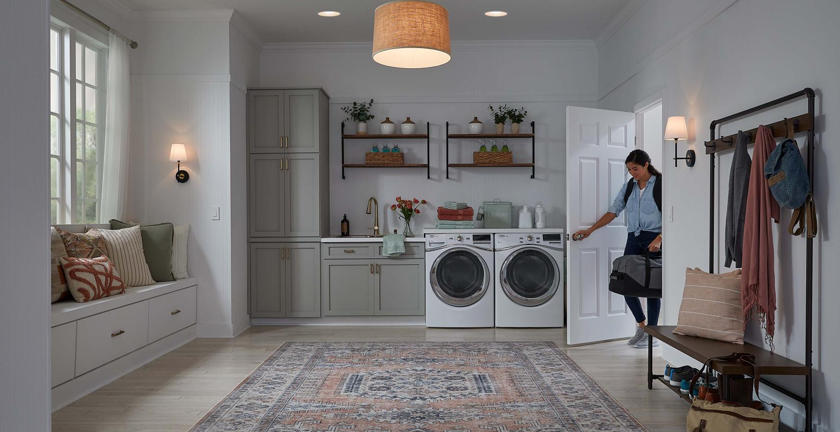Smart lighting with motion-sensing technology in laundry room for hands-free convenience