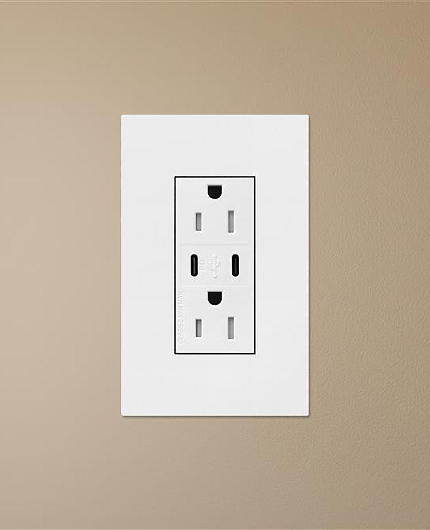 White electric receptacle with color-matched wall plate.