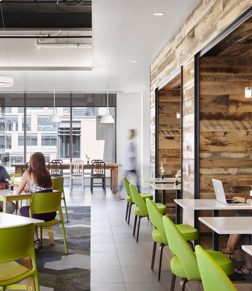 A Boise commercial collaborative space with Lutron roller shades.