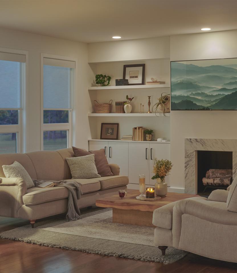 A Northeast private residence living room with Lutron Serena, Honeycomb Shade, Caséta, Pico, and Dimmers & Switches