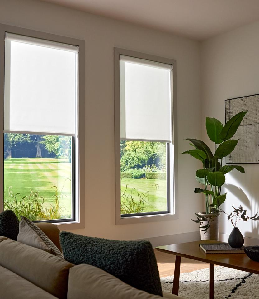 A Northeast private residence living room with Lutron Caséta & Roller Shades