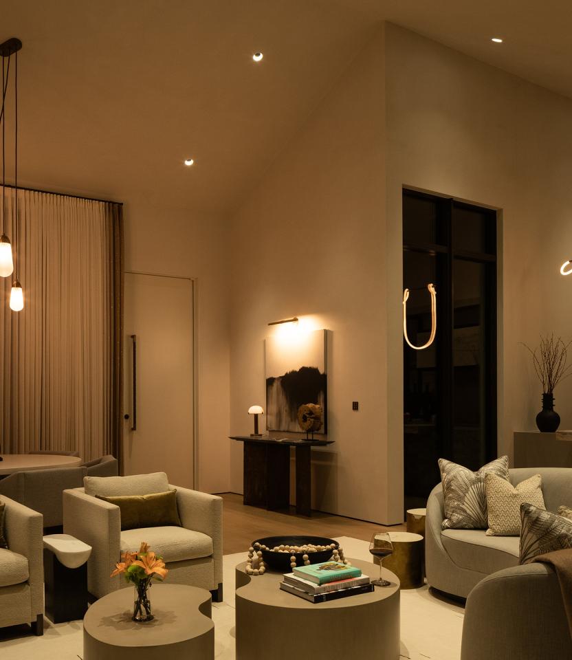 An Austin residential living room with Lutron Ketra lights, Alisse, Keypads & Remotes, HomeWorks