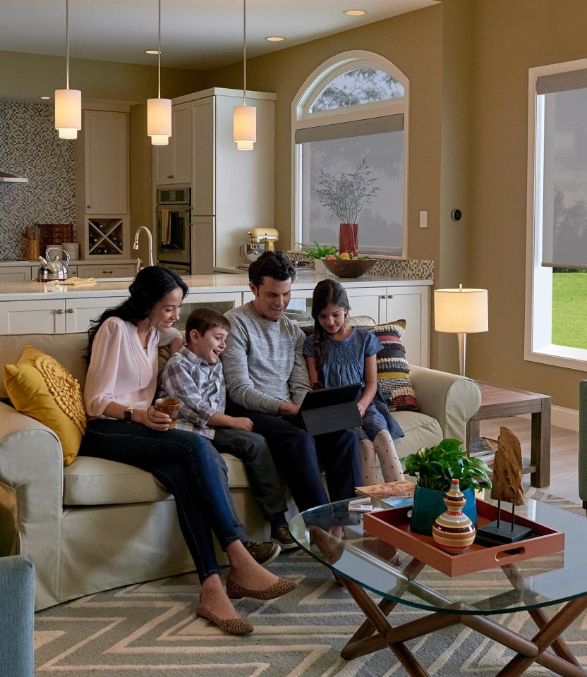 A Southeast private residence living room with Lutron Serena, Roller Shades, Caséta, Dimmers & Switches & Smart Plugs 