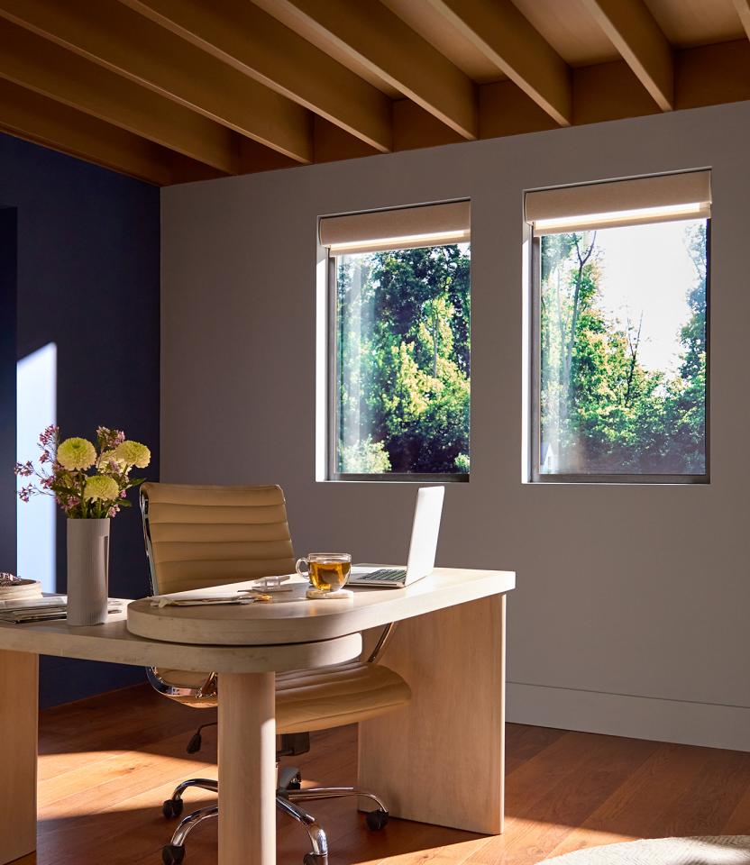 A Northeast private residence homeoffice with Lutron Serena, Roller shades  & Pico