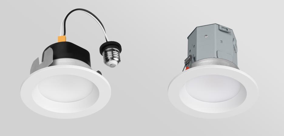 Side-by-side of a standard retrofit Lumaris downlight and fully-integrated, canless housing Lumaris downlight.