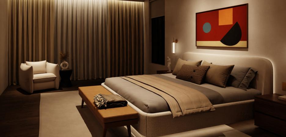 Rania tape lights being used in multiple places in a bedroom.