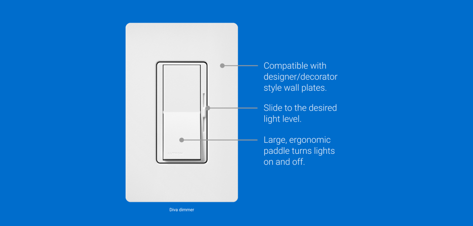 A product image of a Diva dimmer with feature descriptions.