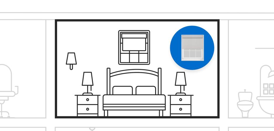 Illustration of a bedroom with a smart window shade icon highlighted above the bed between two nightstands