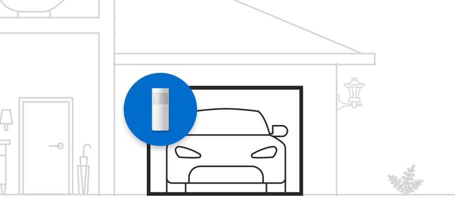 Illustration of a garage with a smart motion sensor icon highlighted above a parked car