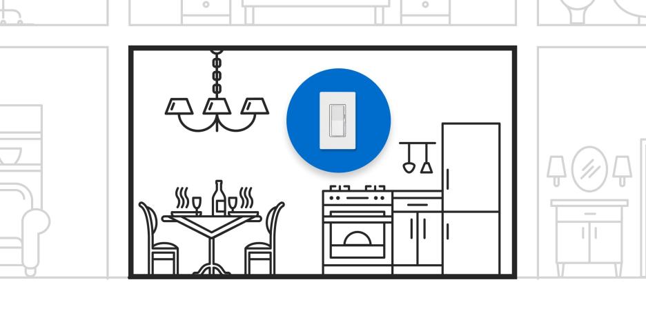 Illustration of a kitchen and dining area with a smart switch icon highlighted on the wall near the stove and refrigerator
