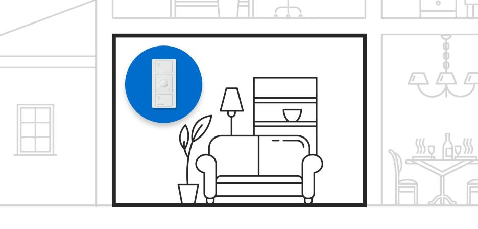 Illustration of a living room with a smart dimmer remote icon highlighted near a couch, lamp, and bookshelf