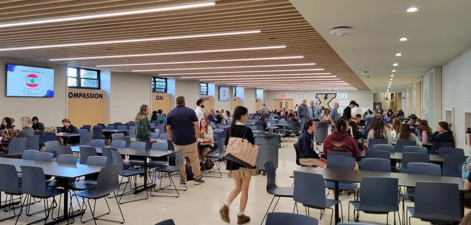 The Cafeteria at Xaverian school, rennovated with Lutron's Athena wireless nodes