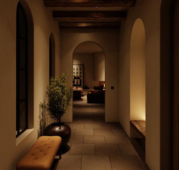 Hallway with warm, low-level lighting that responds to movement, illuminating pathways without harsh brightness.