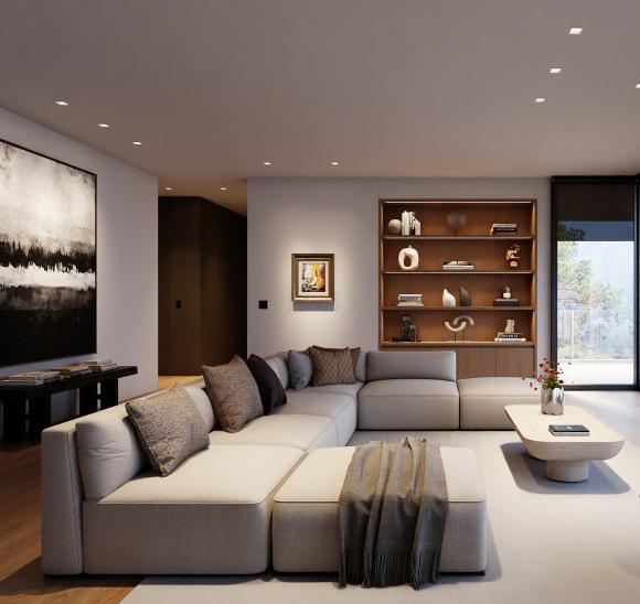 Living room with layered lighting and automated shades that balance daylight and protect furniture from UV damage.