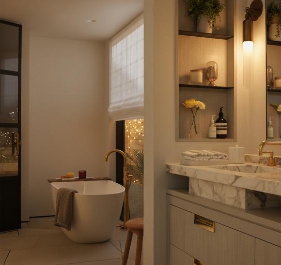 Bathroom with large windows and automated shades that manage daylight for comfort, clarity, and privacy.