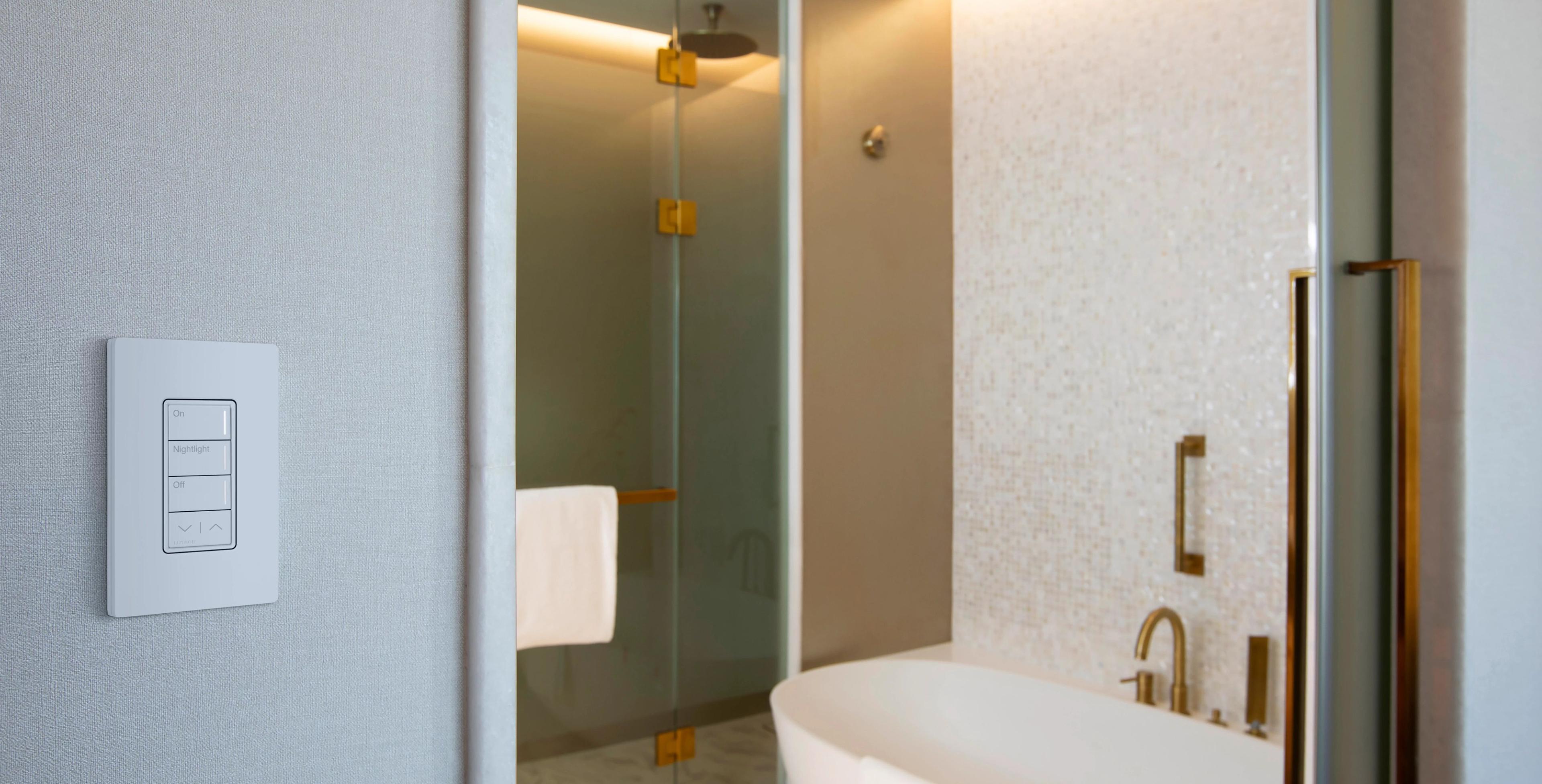 Sunnata wireless keypad in hospitality bathroom enabling faster retrofits without control wiring