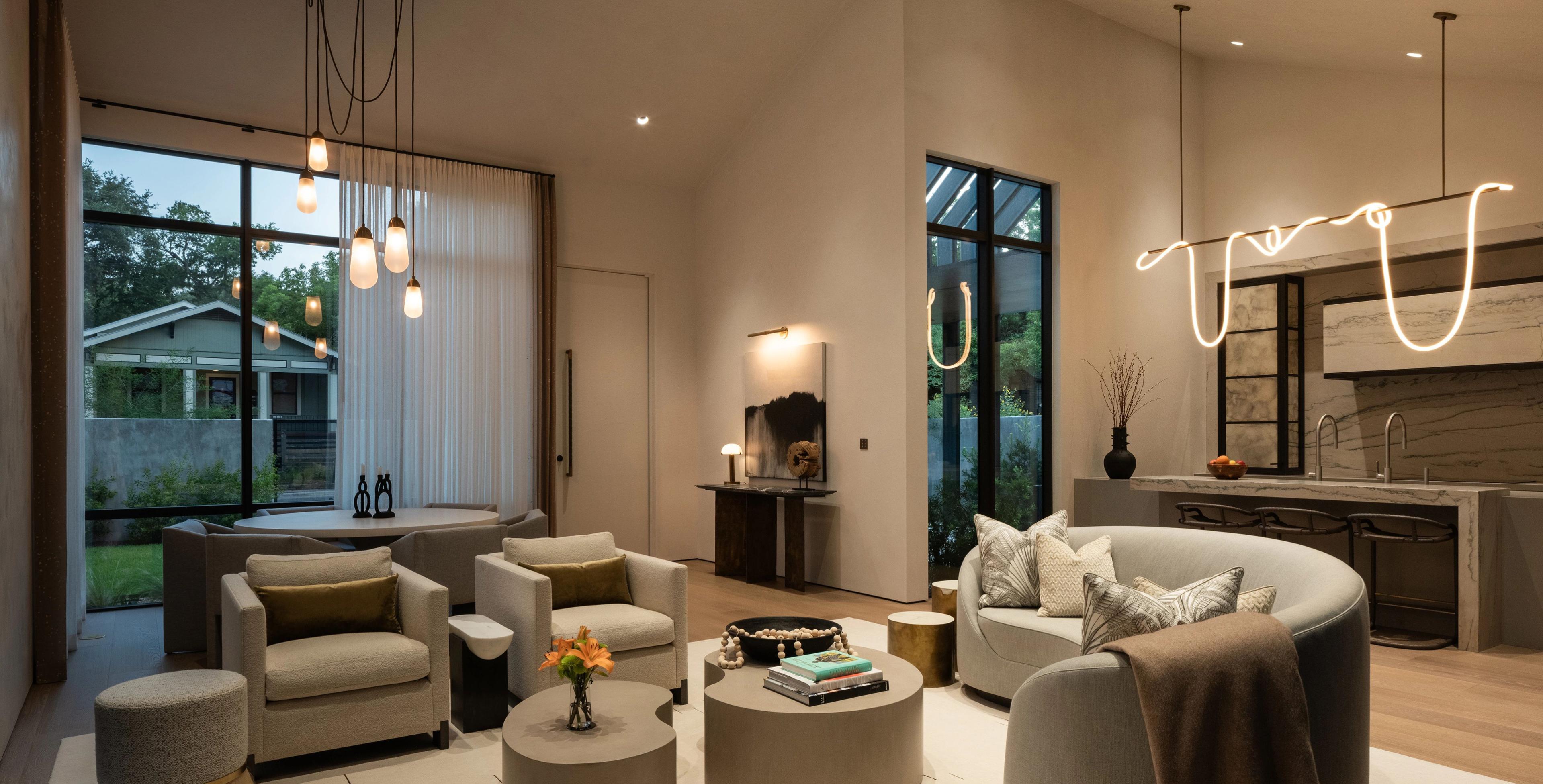 One-touch Sunnata keypad creating custom lighting scenes in upscale residential interior