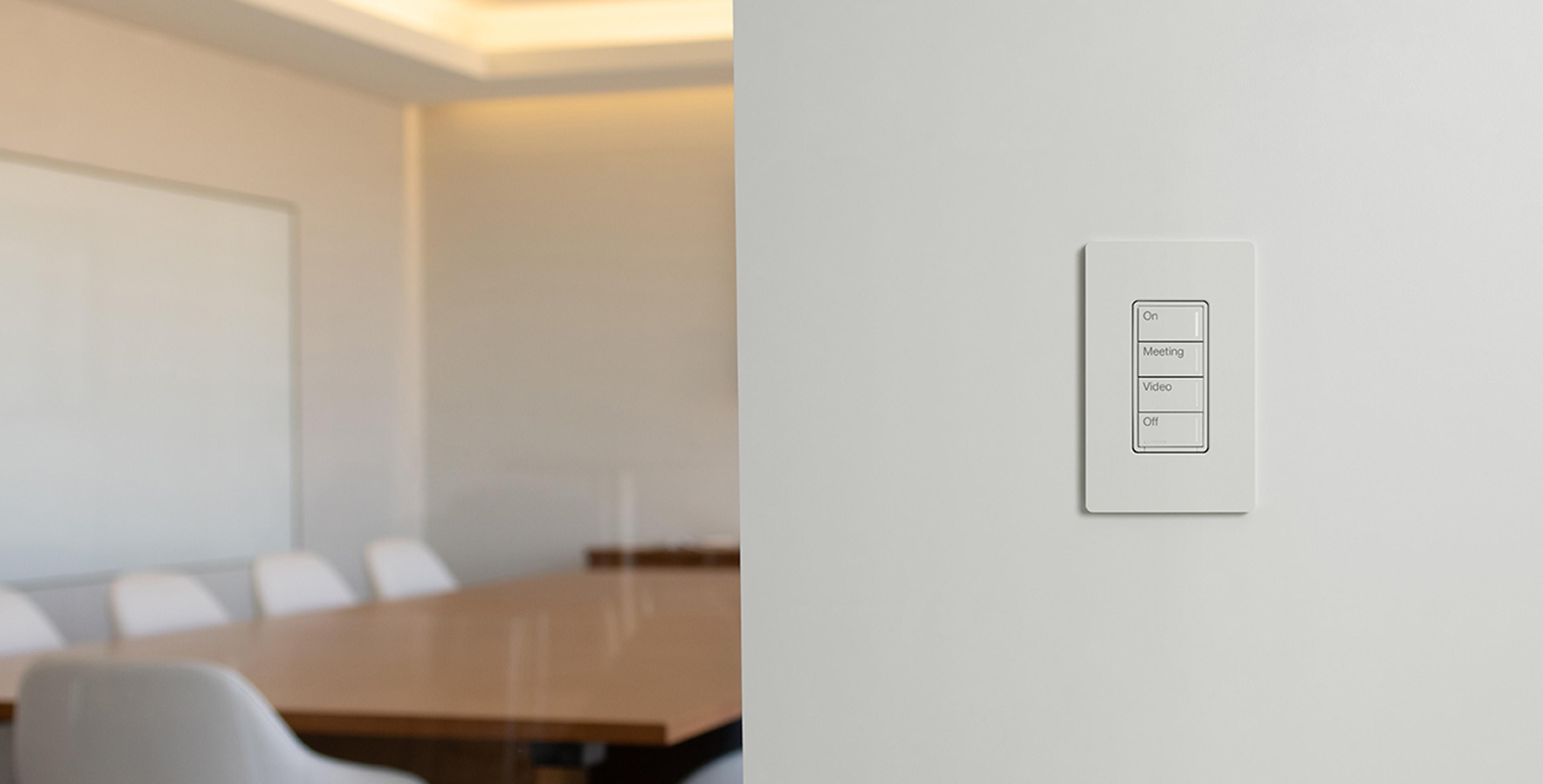 Sunnata wireless keypad with field-swappable buttons installed in commercial office space
