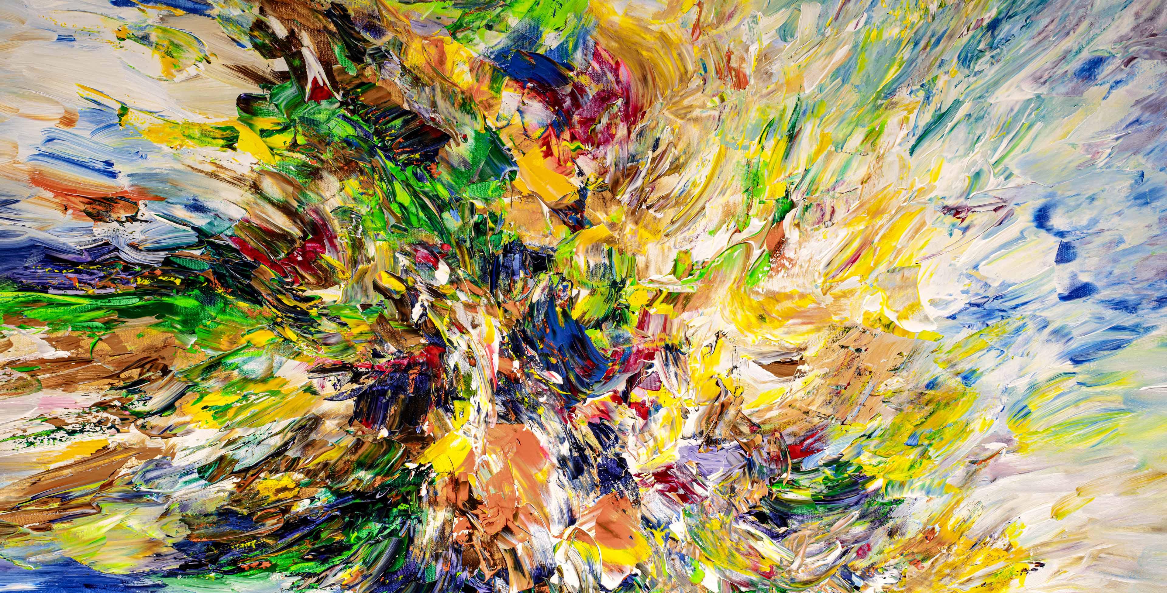 Abstract artwork with paint strokes using Ketra Natural White Light for low-vibrancy color reveal