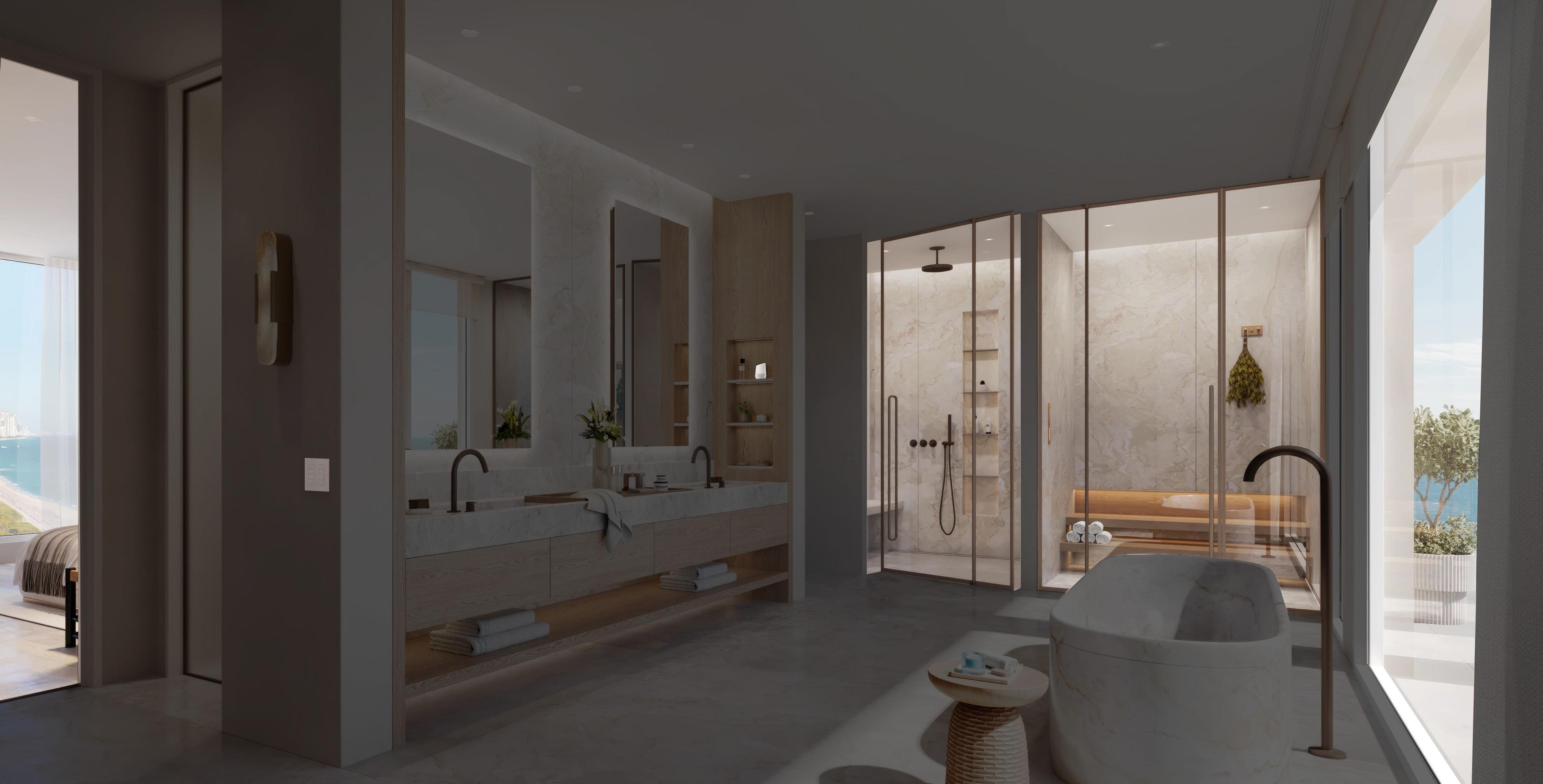  Bathroom featuring contrasting levels of interior light.