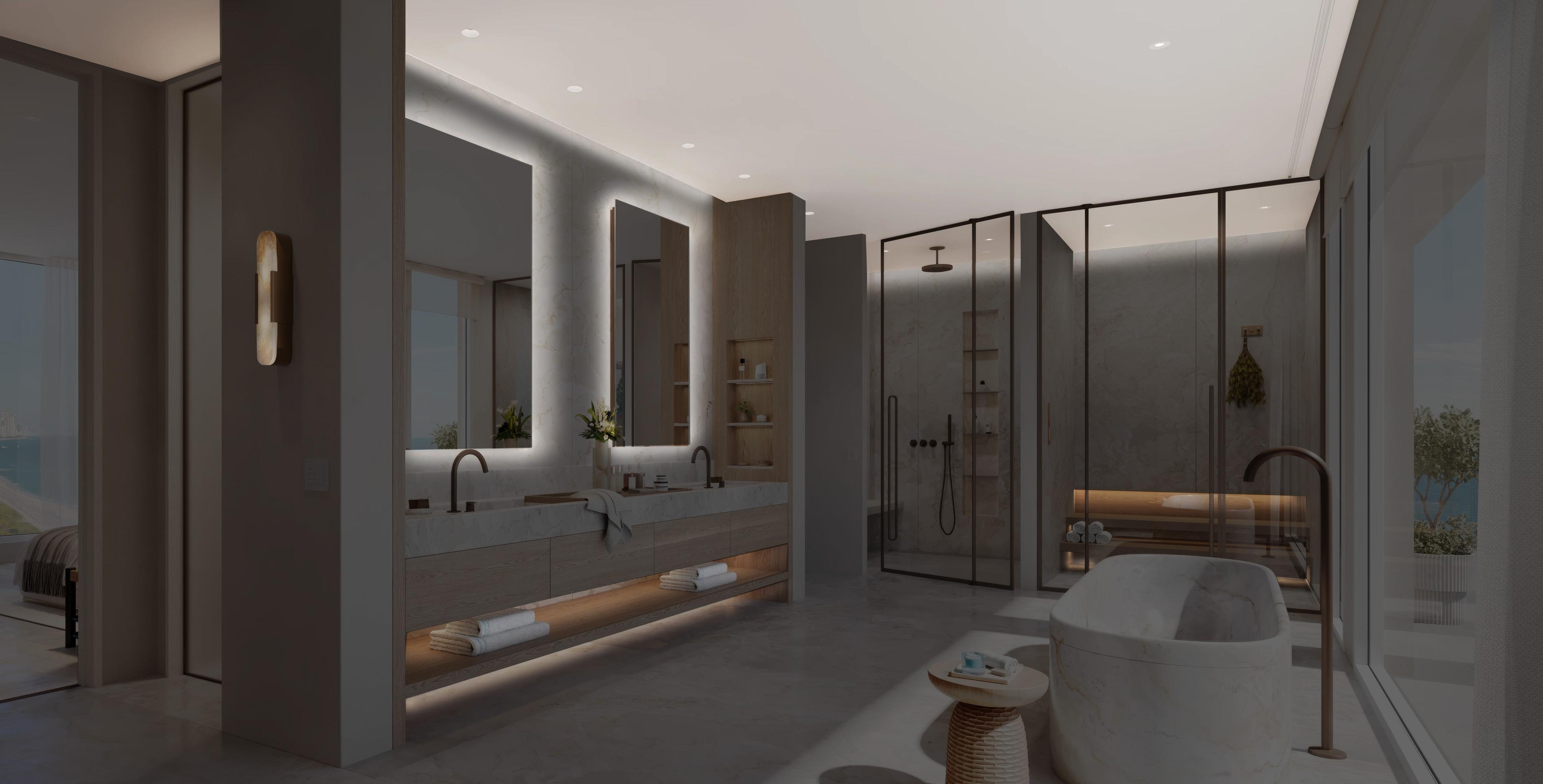 Dimmed bathroom with faint lighting and relaxed evening atmosphere.