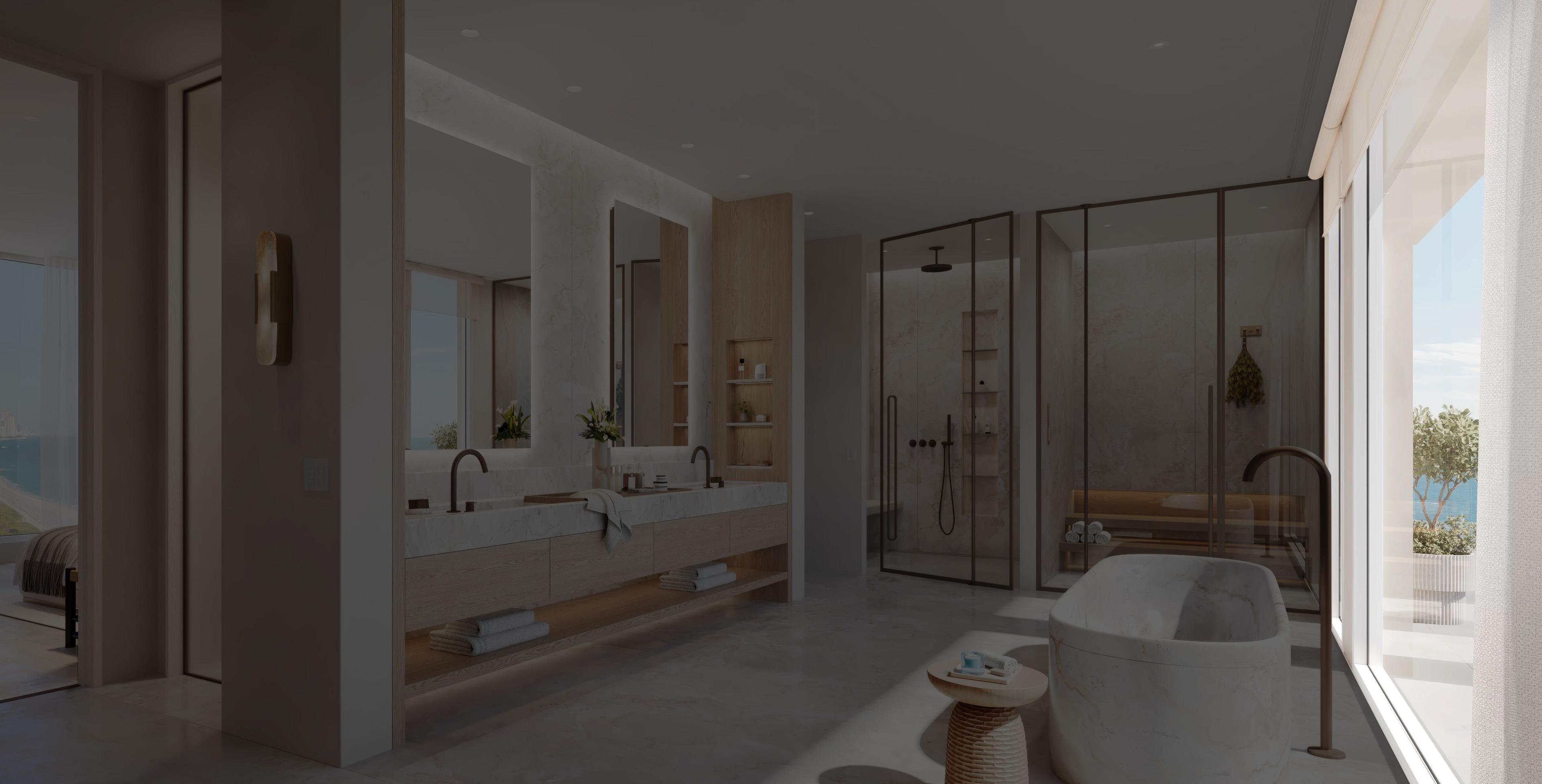 Darkened bathroom with minimal accent lighting.