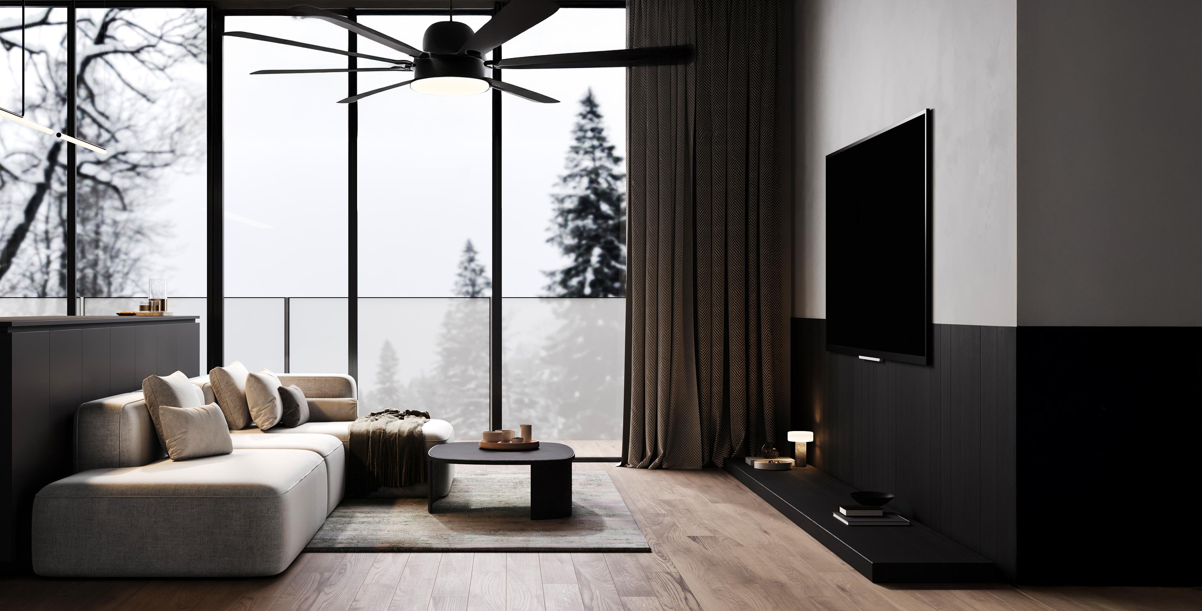 Lutron fan controls reverse ceiling fan blades to push warm air down in living room during winter