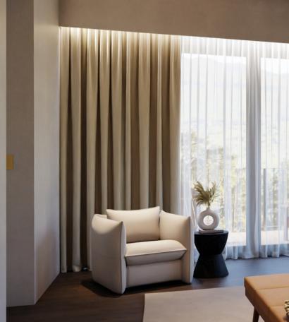 Motorized Sivoia Drapery track featuring custom fabric installed across large window.