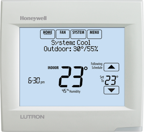 Lutron wireless thermostat with temperature and humidity control.